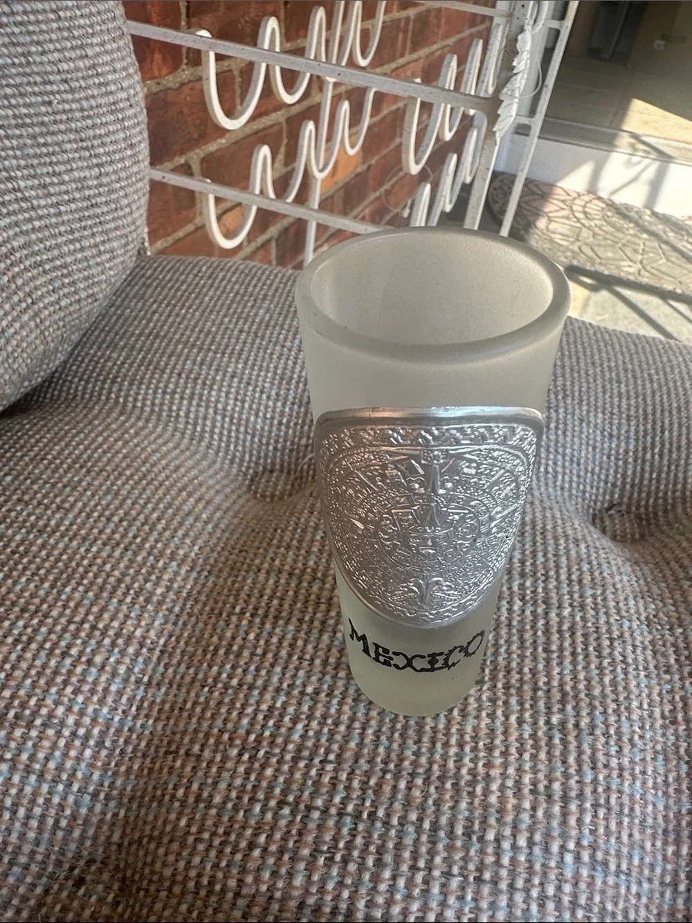 Frosted Glass Mexico Shot Glass with Silver Aztec Emblem